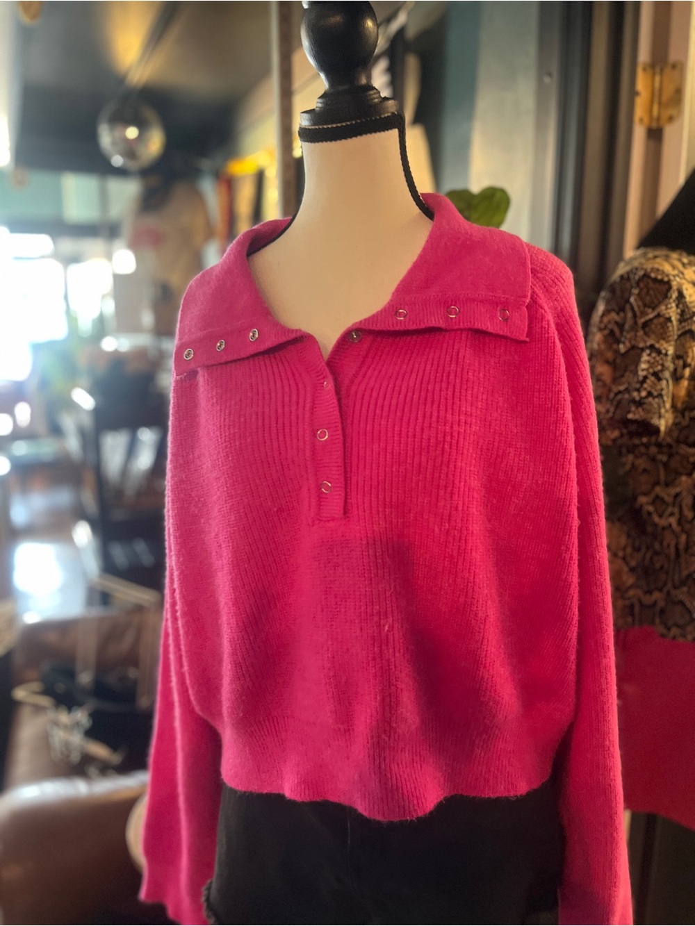 Le Lis Hot Pink Snap-Detail Crewneck Sweater